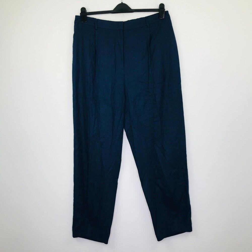 Open Edit Women's XL Pants Blue Pleated Linen Blend Solid Straight Leg CF1